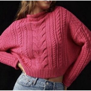 Anthropologie Pilcro Sweater Women M Pink Crop Rolled Neck Cable Knit NEW